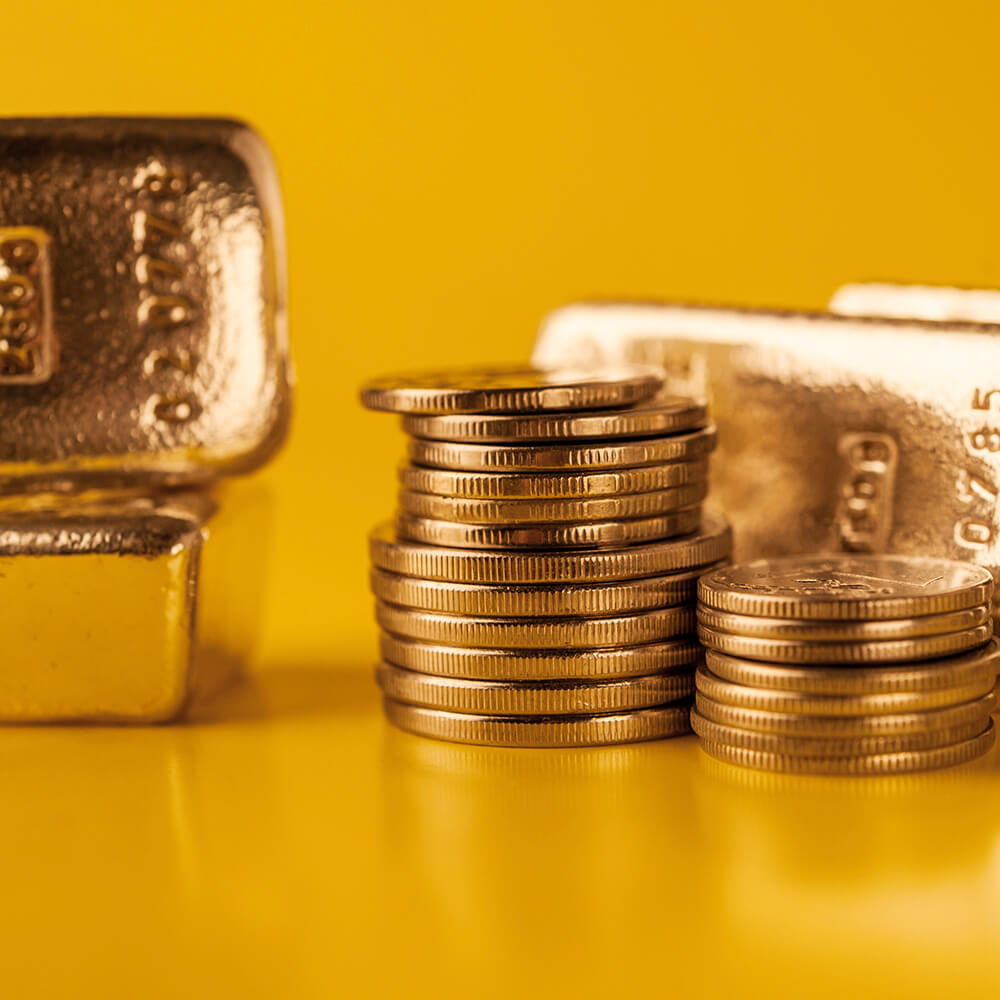 Goldmünzen, Goldbarren, Edelmetalle für Pfandkredit